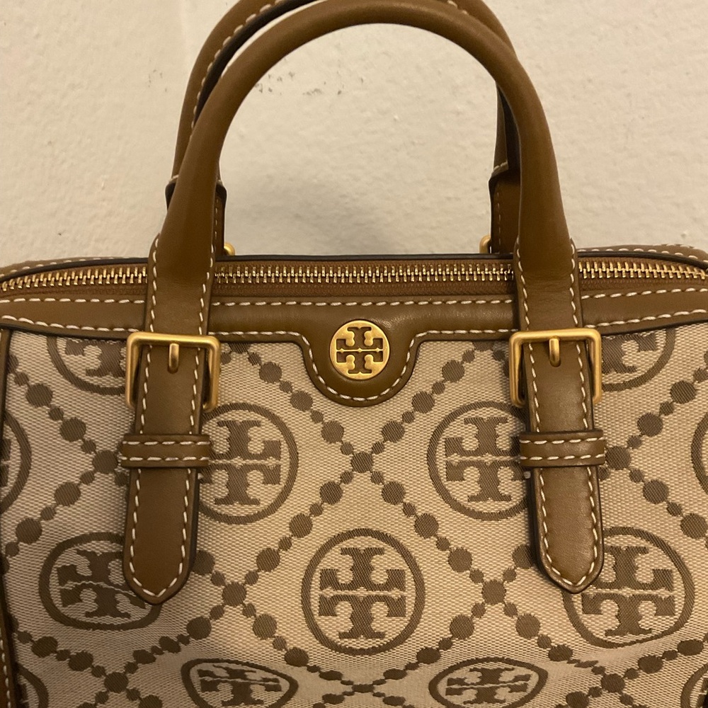 EUC Tory Burch Beige and Brown Logo Canvas Satchel - Picture 3 of 7